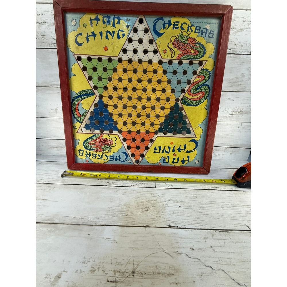 Vintage Hop Ching Chinese Checkers Board J Pressman & Co Wood Frame Dragon Art